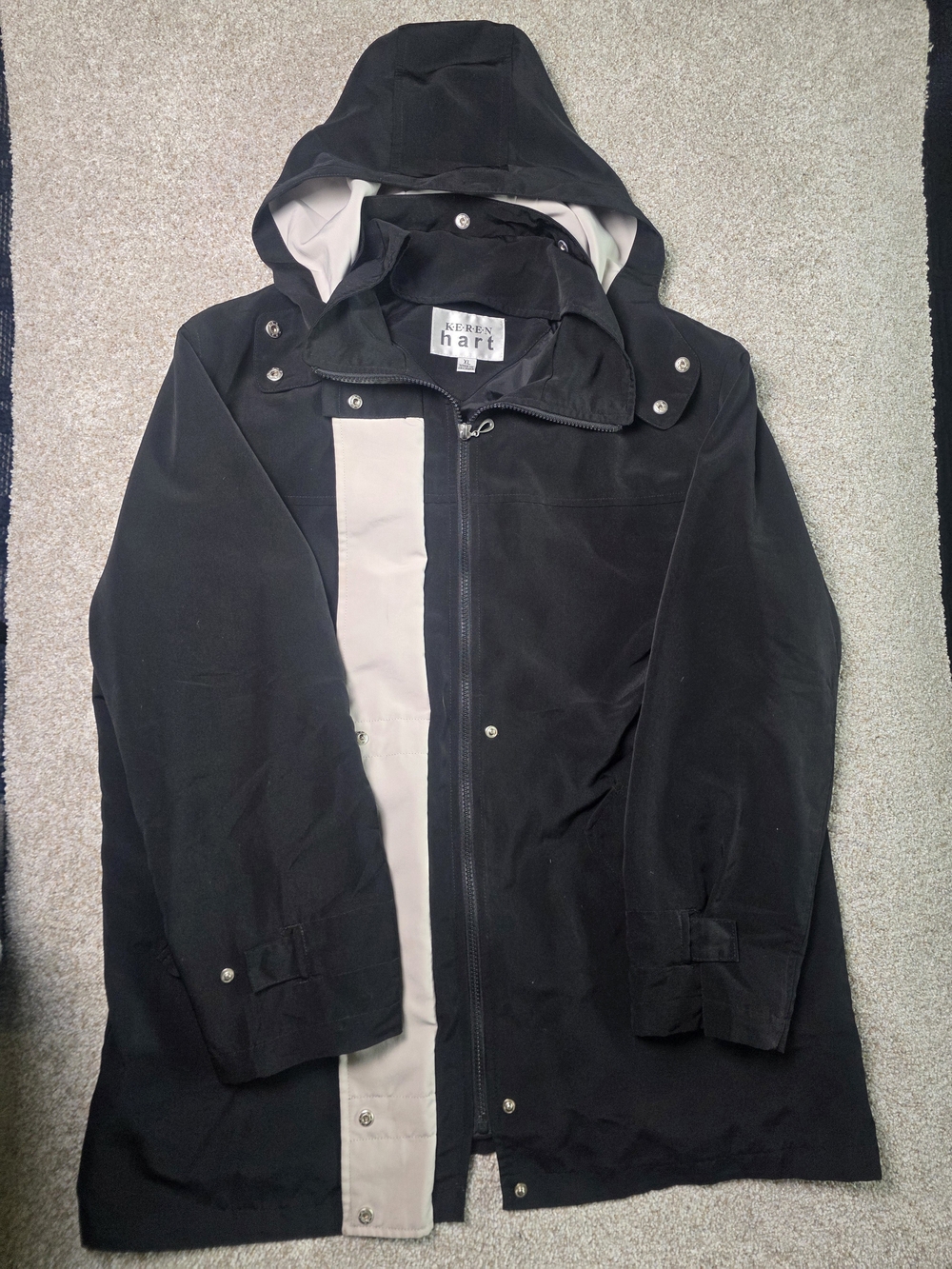 Vintage Y2K 90's Mom Keren Hart Women's Black Hooded Jacket Coat Tan Accent Trim